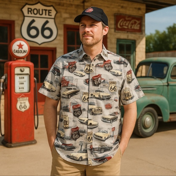 Bluff Creek Other - Bluff Creek Route 66 Print Button-Up Shirt XL Vintage Cars Travel Theme